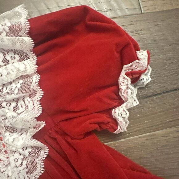 VTG 80s Velvet Bib Holiday Dress Sz 6X Red White Lace Rosette Puff Sleeve Santa - Picture 5 of 15